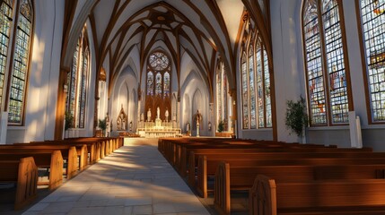 Fototapeta premium Sunlit church interior with pews