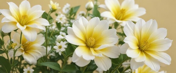 Fototapeta premium Close-up of yellow and white flowers on a pale yellow background, macro, garden