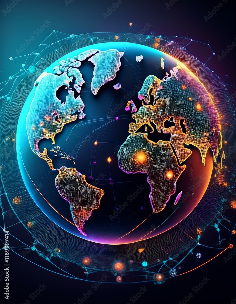 Poster map of the planet. world map. global social network. future. generated image
