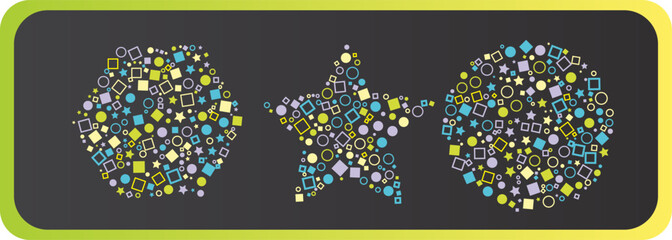 Geometric Shapes Arranged into Artistic Circular and Star Patterns on Dark Background