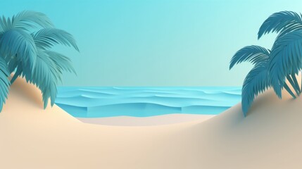 Obraz premium Tranquil Tropical Beach Scene: Palm Trees, Azure Ocean, and Serene Sandy Shores