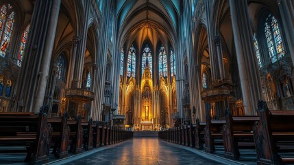 Obraz premium Grand cathedral interior, stained glass