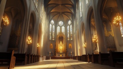 Fototapeta premium Serene church interior, sunlight streams in