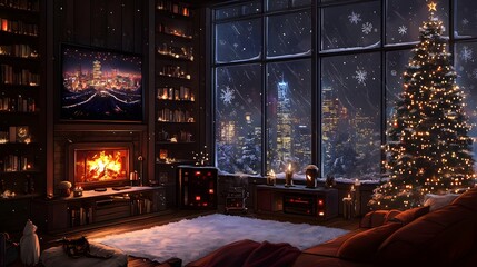 Cozy winter scene with a decorated Christmas tree and snowy city view.