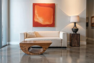 Generative AI, Minimalist living room with a cream modular sofa, polished concrete floor, and earthy accents