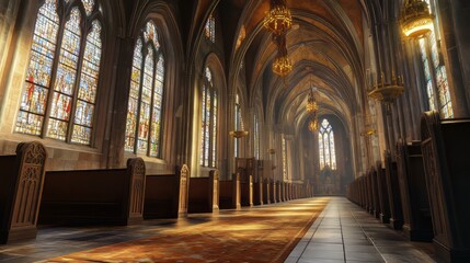 Fototapeta premium Grand cathedral aisle, stained glass