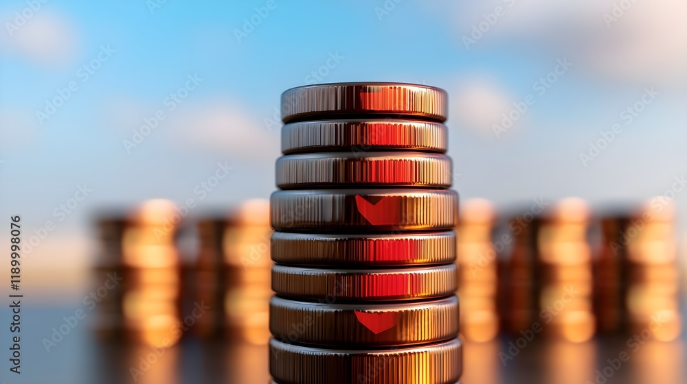 Poster stacked coins and bright sky in background with soft focus effect