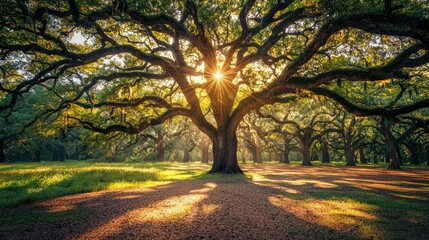 Fototapeta premium Majestic Oak Trees with Sunlight Streaming Through Branches