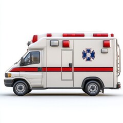 Cute 3D Cartoon Style Ambulance on White Background, Side View, 3D Rendered, Isolated Illustration.