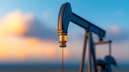 Oil Pump Jack with Sunset Background and Flowing Oil Stream in Focus