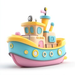 Cute 3D Cartoon Style Boat on White Background, Side View, 3D Rendered, Isolated Illustration.