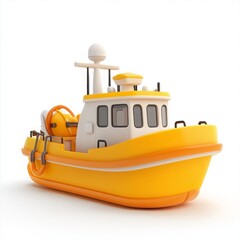 Cute 3D Cartoon Style Boat on White Background, Side View, 3D Rendered, Isolated Illustration.