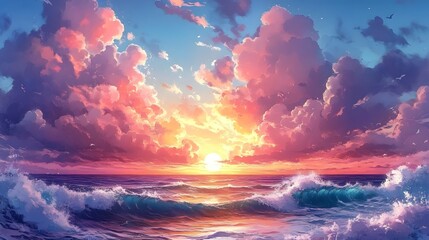 Fototapeta premium Vibrant sunset over the ocean with dramatic waves and colorful clouds.