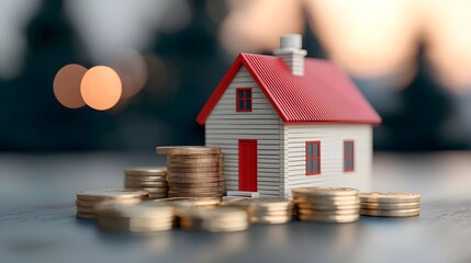 Model House Surrounded by Stacked Coins on a Wooden Table with Blurred Background