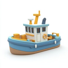 Cute 3D Cartoon Style Boat on White Background, Side View, 3D Rendered, Isolated Illustration.