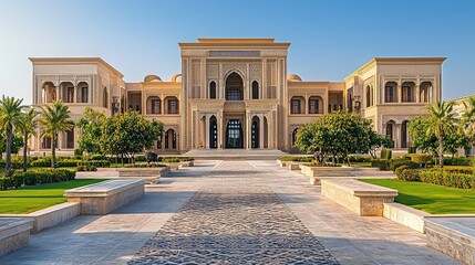 Fototapeta premium Luxurious Traditional Mansion with Lush Gardens and Clear Sky
