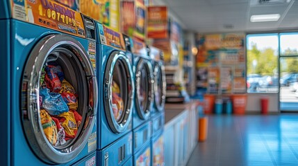 Obraz premium Bright blue commercial washing machines in a laundromat.
