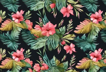 Fototapete Rund A vibrant floral pattern featuring a variety of colorful flowers and lush green leaves. The design includes shades of red, pink, yellow, and green, creating a lively and tropical feel. © Tetlak
