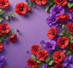 Colorful artistic composition of purple violets and red poppies on a gradient backdrop, poppies, artistic