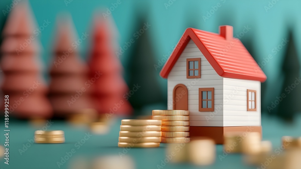 Poster miniature house model with stacked coins and blurred trees in the background