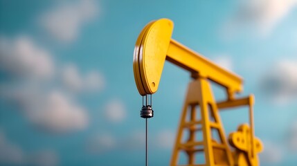 Yellow Oil Pump Jack Against a Blue Sky with Clouds in the Background