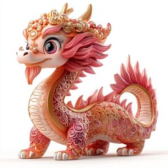 Cute 3D Cartoon Style Chinese Dragon on White Background, Side View, 3D Rendered, Isolated Illustration.