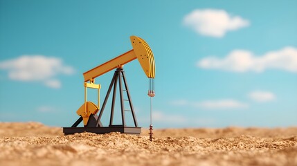 Fototapeta premium Oil Pump Jack in Sunny Desert Landscape with Blue Sky and Clouds