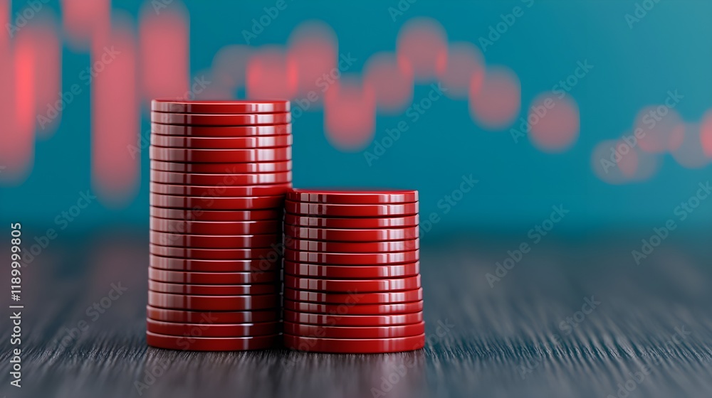 Poster stacks of red coins against abstract background with financial graphs