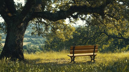 Naklejka premium Serene Outdoor Bench Under Tree in Nature's Embrace