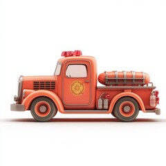 Cute 3D Cartoon Style Fire Truck on White Background, Side View, 3D Rendered, Isolated Illustration.