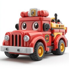 Cute 3D Cartoon Style Fire Truck on White Background, Side View, 3D Rendered, Isolated Illustration.