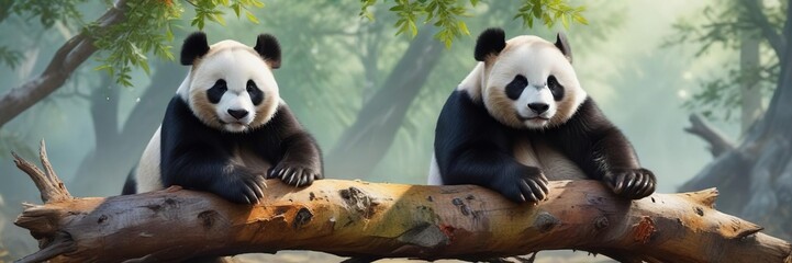 Naklejka premium Colorful watercolor artwork of a panda sitting on a fallen tree, watercolor, nature