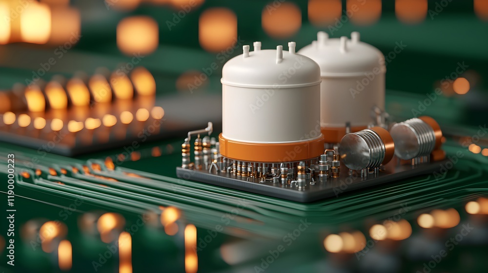 Poster close-up view of circuit board components and microchips with led lights