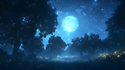 Fototapeta premium A serene night landscape with glowing lights under a full moon.