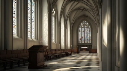 Sunlit church chapel interior