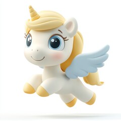 Cute 3D Cartoon Style Pegasus on White Background, Side View, 3D Rendered, Isolated Illustration.