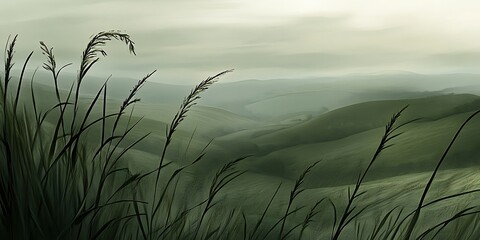 Obraz premium Misty valley landscape, tall grass foreground, peaceful scene, nature background, ideal for travel brochures