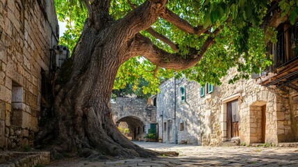 Naklejka premium Majestic Old Tree in Charming Stone Village Street Scene