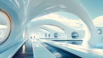 Fototapeta premium Futuristic indoor space with smooth architecture and serene water features.