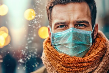 Mask wearer using air pollution mask concept. Man wearing a mask and scarf in a winter urban setting