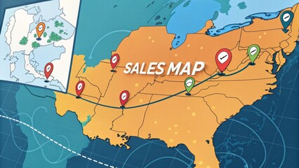 A colorful sales map highlighting various locations in the southeastern United States, marked with pins indicating sales points.