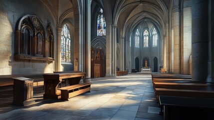 Obraz premium Sunlit cathedral interior, peaceful scene