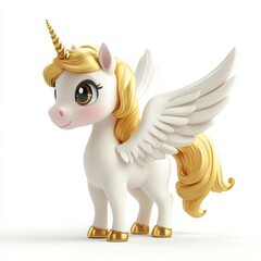Cute 3D Cartoon Style Pegasus on White Background, Side View, 3D Rendered, Isolated Illustration.