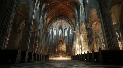 Fototapeta premium Grand church interior, sunlight streams in