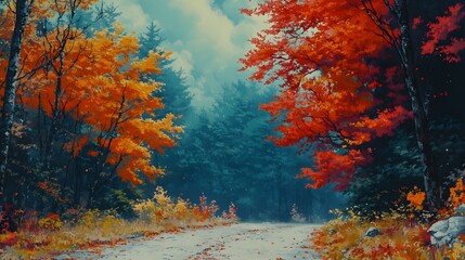 Vibrant autumn scenery with fiery red and orange leaves along a tranquil path.
