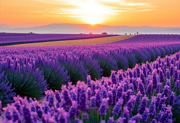 Naklejka premium Lavender field in the morning Lavender Fields in Full Bloom Under a Golden Sky