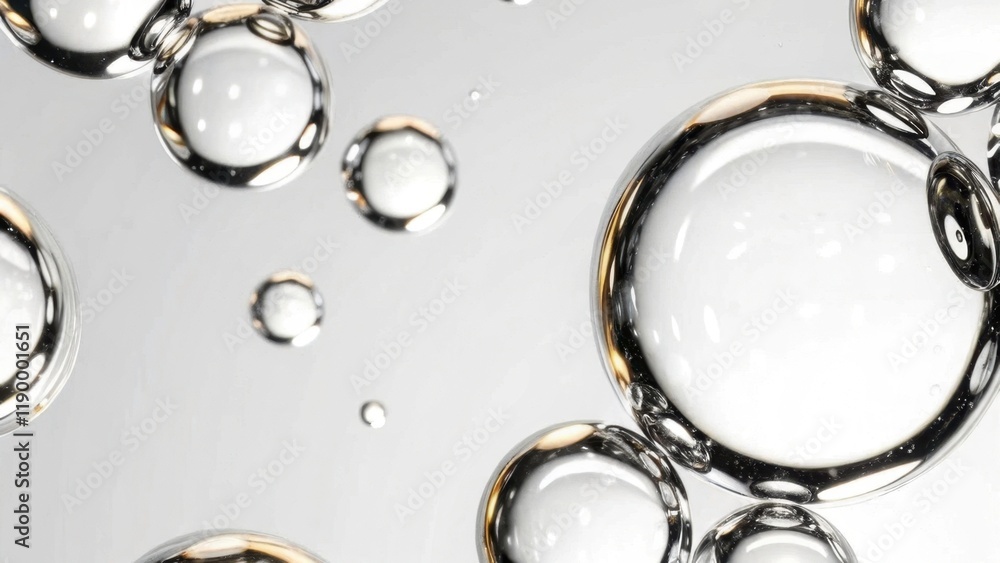Poster a close-up view of translucent bubbles floating in a clear, reflective liquid background, showcasing