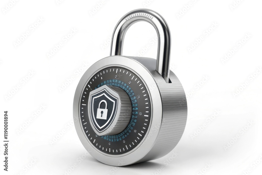 Poster a sturdy padlock featuring a combination dial and a security shield symbol, representing safety and 