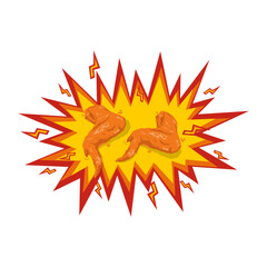 Fried chicken wings with exploding, boom effect vector illustration.