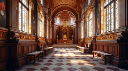 Serene chapel interior with sunlight